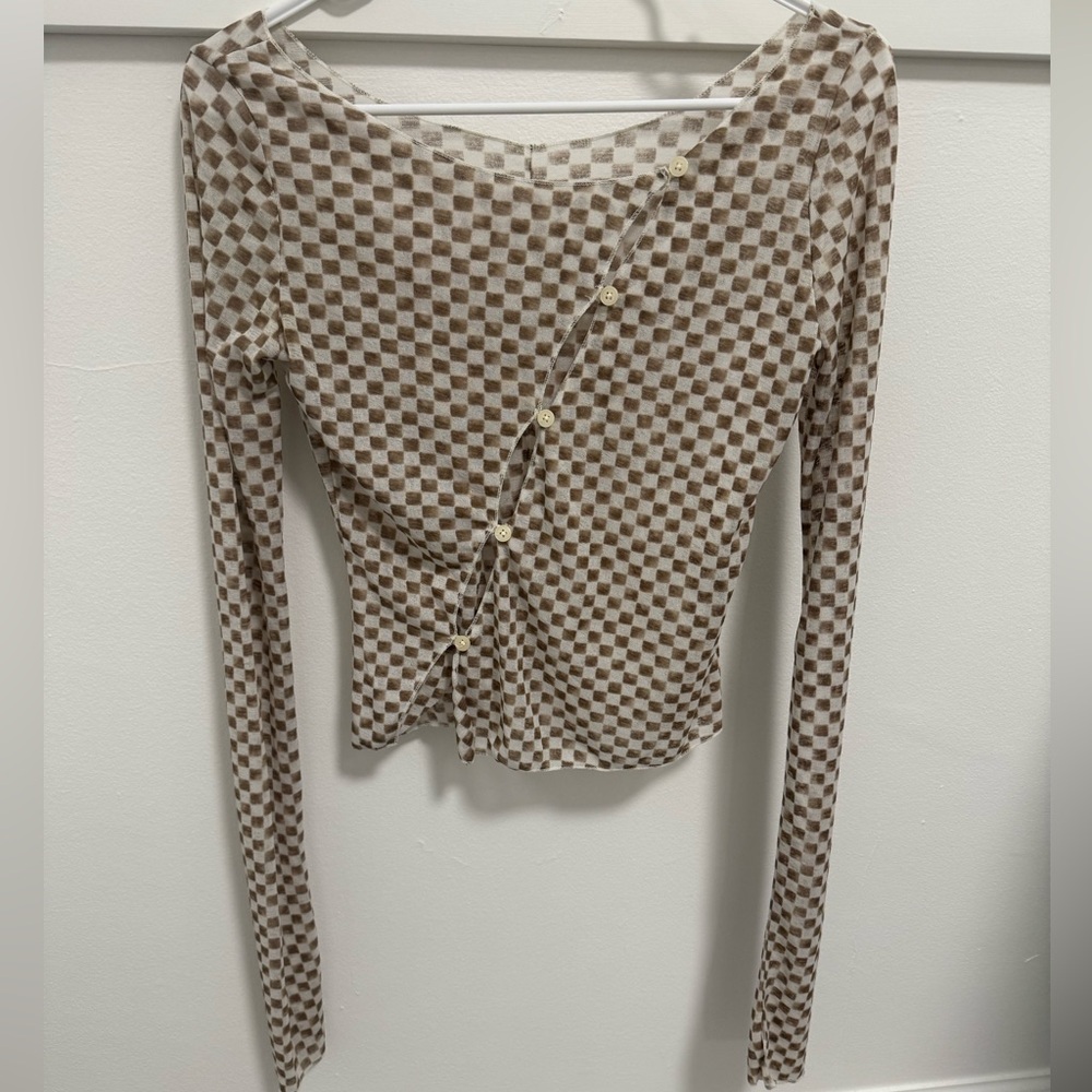 Source Unknown Beige And White Checkered Long Sle… - image 2